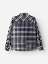 The BGenrico Hang Shirt - Navy Check by Blue de Gênes is a long-sleeve button-up shirt featuring a blue and white plaid pattern, displayed from the back against a plain white background. Made from 100% cotton, this check shirt provides both comfort and timeless style.