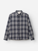 The BGenrico Hang Shirt by Blue de Gênes—crafted from 100% cotton with a navy check plaid pattern in blue, white, and gray—is shown laid flat on a plain white background.