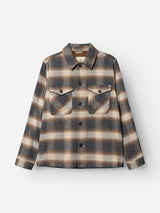 The Blue de Gênes BGyodo Check Overshirt in Grey Check is a men’s regular fit, long-sleeve button-up flannel shirt with a grey check pattern and two chest pockets with buttoned flaps, shown against a plain white background.
