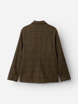 The BGleopardi Skotch Blazer - Brown Check by Blue de Gênes is shown from the back, featuring long sleeves with horn buttoned cuffs and a subtle textured check pattern. The blazer is displayed against a plain white background.