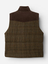 A back view of the BGalec Skotch Waistcoat - Brown Check by Blue de Gênes, a sleeveless padded waistcoat with a brown corduroy yoke and a checked wool fabric body featuring subtle yellow and brown stripes.
