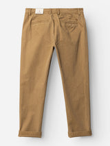 The BGmenzo Rory Chino - Khaki by Blue de Gênes is displayed from the back, showcasing its classic chino fit with two back welt pockets and rolled-up cuffs, laid flat on a white background.