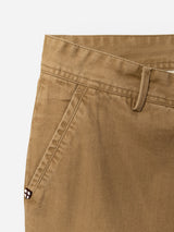 Close-up of BGmenzo Rory Chino - Khaki by Blue de Gênes, highlighting the waistband, belt loop, side pocket, and a small stitched logo near the pocket. The pants feature a cotton twill fabric in a classic chino fit, set against a white background.