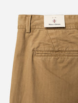 Close-up of the BGmenzo Rory Chino in khaki by Blue de Gênes, featuring a back welt pocket, a belt loop, and a branded Blue de Gênes tag positioned above the waistband. The smooth fabric and visible stitching highlight their classic chino fit.