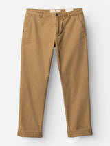 The BGmenzo Rory Chino - Khaki by Blue de Gênes is a pair of straight-leg chinos featuring cuffed hems, side pockets, and a button closure, designed in a classic chino fit and presented on a white background.