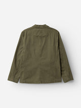 A back view of the Blue de Gênes BGgabbiano Rory Blazer in Army, featuring a classic collar, visible seam details, and an unconstructed design with no visible closures or embellishments, crafted from washed herringbone fabric and laid flat on a white background.