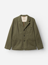 The BGgabbiano Rory Blazer - Army by Blue de Gênes is crafted from olive green washed herringbone cotton and features an unconstructed design for a comfortable yet refined appearance. Details include three front patch pockets, a notched lapel collar, button closure, and a visible chest pocket with a small zipper. The jacket is photographed against a plain white background.