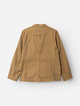 The BGgabbiano Rory Blazer - Khaki by Blue de Gênes is displayed flat to showcase its back, highlighting the simple stitching details and collar. Crafted from washed herringbone fabric for a subtle textured look, this light brown long-sleeve blazer has no visible patterns or logos.