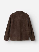 The BGvalan Suede Jacket - Dark Brown by Blue de Gênes is shown from the back, featuring long sleeves, a straight hem, and a simple collar. Displayed against a plain white background, this jacket blends the classic appeal of suede with subtle workwear influences.