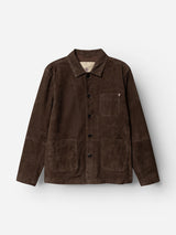 The BGvalan Suede Jacket - Dark Brown by Blue de Gênes features a collar, button front, and three pockets—two spacious lower pockets and a smaller chest pocket—blending classic style with functional details for an authentic workwear-inspired look. This versatile blazer hybrid is shown against a plain white background.