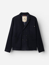 BGlewis Wool Blazer - Dark Navy by Blue de Gênes, a double-breasted wool blazer featuring three front pockets, notched lapels, and six buttons with relaxed tailoring, displayed laid flat against a white background.