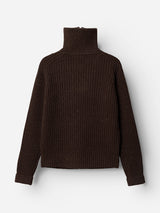 A dark brown BGcallum Zip Knit sweater by Blue de Gênes, featuring chunky rib-knit texture, long sleeves, a relaxed fit, and displayed on a white background.