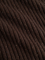 Close-up of the BGcallum Zip Knit in Hot Fudge Brown by Blue de Gênes, featuring dark brown, ribbed knitted fabric with visible texture—ideal for a half-zip roll neck sweater—with subtle flecks of lighter and darker threads throughout, reminiscent of a classic nepped yarn design.