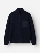 The BGfraser Zip Knit - Dark Navy by Blue de Gênes is a navy blue wool sweater featuring a ribbed mock neck, brown half-zip closure, and a single chest pocket on the left side.