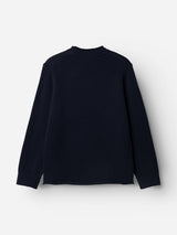 The BGgordon Knit - Dark Navy wool sweater by Blue de Gênes is shown laid flat on a white background, displaying the back side with ribbed cuffs and a crew neck collar.
