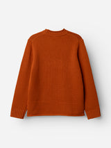 A Blue de Gênes BGgordon Knit sweater in Ginger Bread Orange is laid flat on a white background, displaying the back side with ribbed cuffs, hem, and a classic crew neck collar.