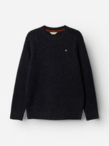 The BGadamo Crewneck Knit - Dark Navy by Blue de Gênes is a soft wool-knit sweater featuring a dark navy multicoloured nep design, long sleeves, a crew neckline, ribbed cuffs and hem, and is finished with a small embroidered logo on the left chest.