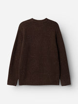 The BGadamo Crewneck Knit in Hot Fudge Brown by Blue de Gênes is a long-sleeve wool sweater featuring a ribbed crew neckline, cuffs, and hem. The sweater is displayed flat on a white background with the back side facing up.