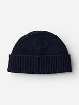The BGboshi Beanie in Dark Navy by Blue de Gênes, featuring a ribbed turn-up cuff, is shown laid flat against a white background—a timeless classic accessory.