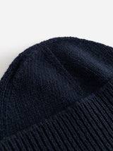 Close-up of the BGboshi Beanie - Dark Navy by Blue de Gênes, highlighting its textured knit pattern and ribbed turn-up edge, set against a plain white background.