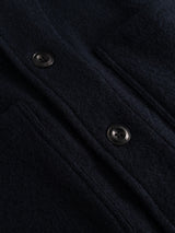 Close-up of the BGhew Wool Overshirt in Dark Navy by Blue de Gênes, featuring two black buttons and visible stitching details that emphasize its workwear-inspired overshirt design.