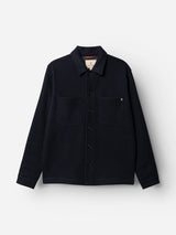 A dark navy, workwear-inspired BGhew Wool Overshirt from Blue de Gênes, featuring a collar and two front chest pockets, displayed against a plain white background.