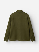 Back view of the Blue de Gênes BGhew Wool Overshirt in Winter Moss, featuring a collar and buttoned cuffs, displayed against a plain white background.