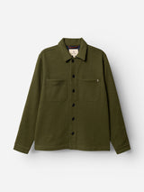 The Blue de Gênes BGhew Wool Overshirt in Winter Moss features black buttons, two chest pockets, and a pointed collar, displayed on a plain white background.