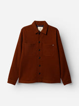 The BGhew Wool Overshirt - Ginger Bread Orange by Blue de Gênes is a classic button-up workwear style with two front chest pockets, a collar, and long sleeves, showcased against a plain white background.