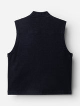 The BGmudock Wool Waistcoat by Blue de Gênes in Dark Navy is shown from the back, displayed flat on a white background. This workwear-inspired vest features a sleeveless design, a straight hem, and a high collar.
