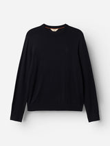 A long-sleeve, dark navy crewneck sweater by Blue de Gênes, crafted from lightweight knit merino wool and featuring a subtle embroidered logo on the left chest, displayed against a plain white background.