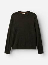 The BGhamish Crewneck Knit in Beech Green by Blue de Gênes is a lightweight merino wool sweater with long sleeves, showcased against a plain white background.