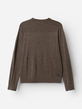 The BGhamish Crewneck Knit in Sepia Tint Brown by Blue de Gênes is shown laid flat against a white background, photographed from the back.