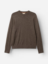 The BGhamish Crewneck Knit in Sepia Tint Brown by Blue de Gênes is a long-sleeve crewneck sweater made from lightweight knit fabric, featuring a subtle embroidered logo on the left chest and presented against a plain white background.