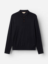 The BGigor Polo Knit - Dark Navy by Blue de Gênes is a long-sleeved knit polo shirt in dark navy, featuring a classic collar and three brown buttons, expertly crafted from lightweight merino wool and shown on a plain white background.