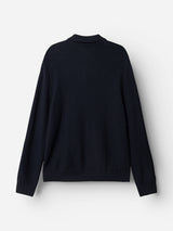 The BGmurry Polo Knit - Dark Navy by Blue de Gênes is displayed from the back against a white background, featuring a textured pattern with ribbed cuffs and hem.