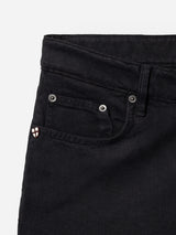 Close-up of the top part of BGvinci Iro Pant in navy by Blue de Gênes, highlighting the waistband, front pocket with rivets, and a small shield-shaped logo on the coin pocket. Crafted from comfort stretch twill, these regular fit pants provide both durability and ease of movement.