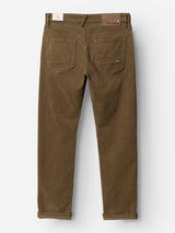 Rear view of Blue de Gênes BGvinci Iro Pant in Beech Green, featuring two back pockets, rolled cuffs, belt loops, and branded labels above the right pocket and on the waistband. Made from comfort stretch twill for a regular fit that combines style with ease of movement.