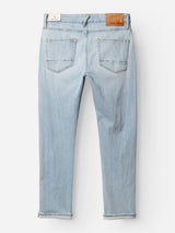 The BGvinci Trueblue Jeans by Blue de Gênes, in mid blue denim, feature a regular fit, straight leg, two back pockets, a brown leather patch on the waistband, subtle fading details, and are crafted from comfort stretch cotton.