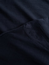 Close-up of two overlapping dark blue slub cotton fabrics with visible textures and subtle reflections, similar to the refined material used in the Blue de Gênes BGoscar T-Shirt - Dark Navy.