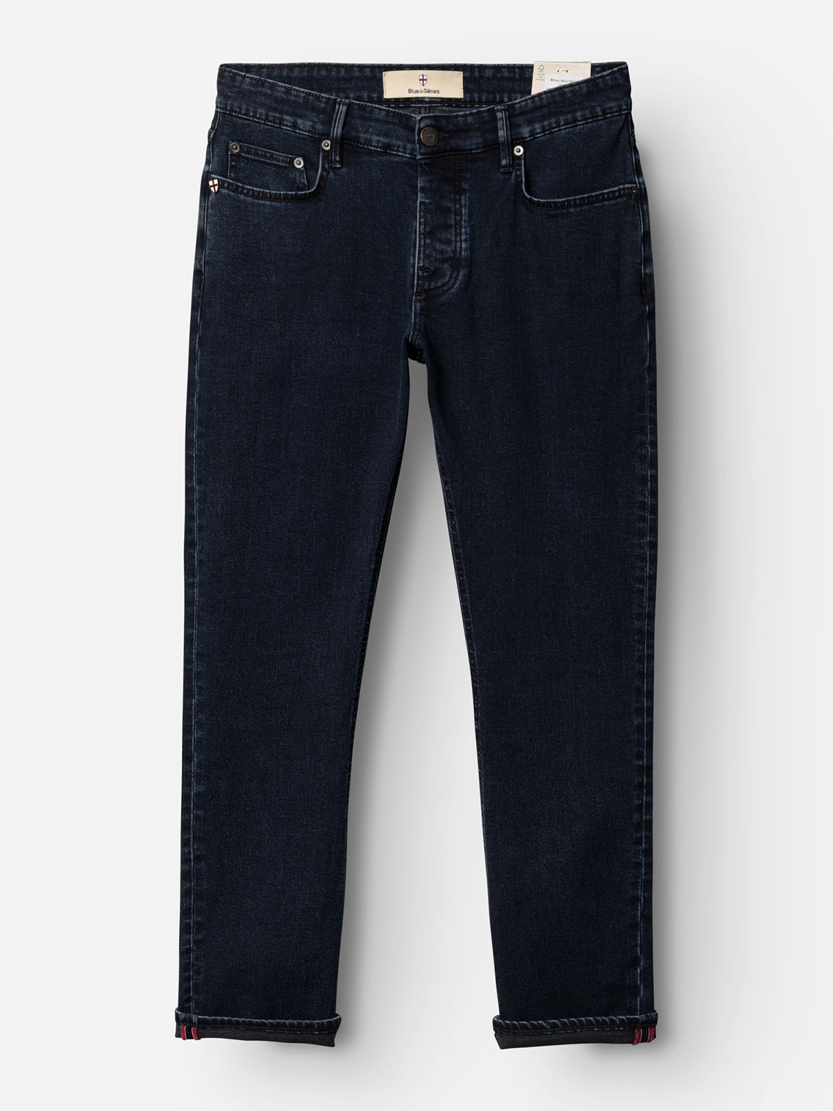The BGvinci Black OD Jeans - Blue Black Denim by Blue de Gênes are regular fit, comfort stretch jeans with a five-pocket design, button closure, and straight legs, shown laid flat on a white background.