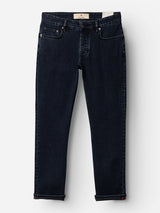 The BGvinci Black OD Jeans - Blue Black Denim by Blue de Gênes are regular fit, comfort stretch jeans with a five-pocket design, button closure, and straight legs, shown laid flat on a white background.