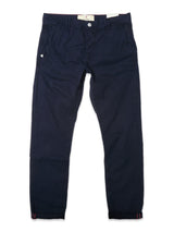 A pair of BGpaulo Teo Pant - Dark Navy cotton chinos by Blue de Gênes, featuring front pockets and button and zipper closure, displayed flat on a white background.