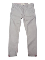 The BGpaulo Teo Pant in flint gray by Blue de Gênes—a pair of durable chinos featuring a button and zipper closure, front pockets, and slightly rolled-up cuffs—is displayed laid flat on a white background.