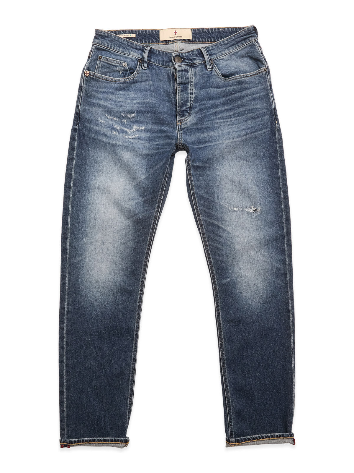 The Blue de Gênes BGvinci Striker Jeans - Dark Distress are blue comfort stretch denim with a faded wash and small rips on the thigh and knee, displayed flat on a white background.
