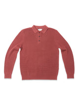 The Porto Polo Knit - Henna by Blue de Gênes is a rose-colored, long-sleeve knit polo with a ribbed collar, three-button placket, and ribbed cuffs and hem, shown laid flat on a white background.