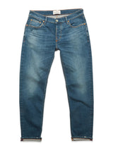 Introducing the Vinci Topaz Vintage Jeans - Used by Blue de Gênes: Crafted in Italy from comfort stretch denim, these regular fit jeans feature a classic five-pocket design, button closure, and subtle fading on the thighs and knees. Shown here laid flat on a white background.