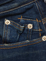Close-up of Blue de Gênes Repi Dark Vintage Jeans in mid blue denim, highlighting the small coin pocket inside the front pocket with orange stitching and metal rivets.