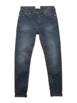 The Blue de Gênes Repi BlueBlk Used Jeans in blue-black denim are slim-fit comfort stretch jeans with front and back pockets, visible seams, and rolled cuffs. The durable jeans are displayed flat on a white background.