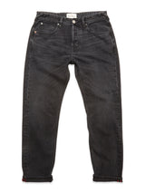 A pair of Giacomo BLK Used Jeans in grey denim by Blue de Gênes, featuring a classic five-pocket design, button and zipper fly, and rolled cuffs, laid flat on a white background. These relaxed loose fit jeans offer timeless style and everyday comfort.